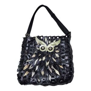 Octopus Owl Shoulder Bag Black Leather Patchwork Purse Boho Art Tote